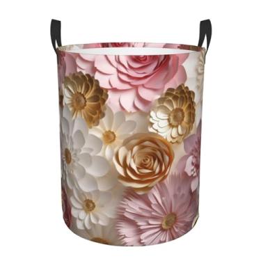 Imagem de Cesto de lavanderia com flores em ouro rosa branco dobrável à prova d'água cesto de armazenamento de roupas com alças pano oxford organizador de brinquedos cesta para banheiro, lavanderia, quarto