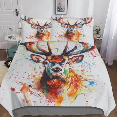 Imagem de YXZIEOLFB Conjunto de cama Sika Deer 3D, capa de edredom para crianças, meninos, meninas, conjunto de 3 peças, com fecho de zíper, microfibra macia, king (220 x 240 cm)