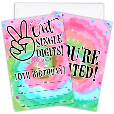 Imagem de WUAWN Convites de aniversário de 10 dígitos de 20 dígitos com envelopes, preenchimento tie dye - Cartões de convite de aniversário para meninos e meninas, adolescentes, crianças, suprimentos de