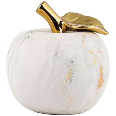 Imagem de Folmywy Ornamento de maçã de cerâmica, porcelana, artificial, estatueta de maçã falsa branca, estátua de maçãs modernas com haste dourada, decoração de casa para centros de mesa de Natal, estante de