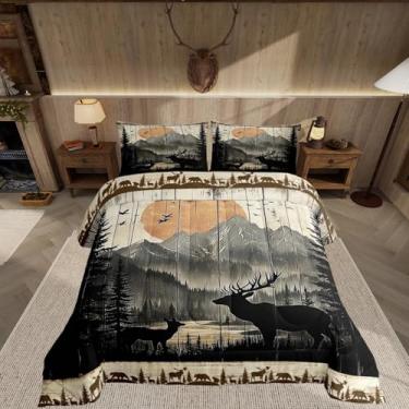 Imagem de Feelyou Jogo de cama rústico de cervo de cabana king para crianças, animais selvagens, caça, capa de edredom para meninos, meninas, adolescentes, casa de fazenda, bege, preto, conjunto de edredom de