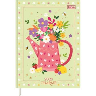 Imagem de Tilibra - Agenda Costurada Diária 12,3 x 16,6 cm Charme 2026 - Jarro de flores - fundo verde