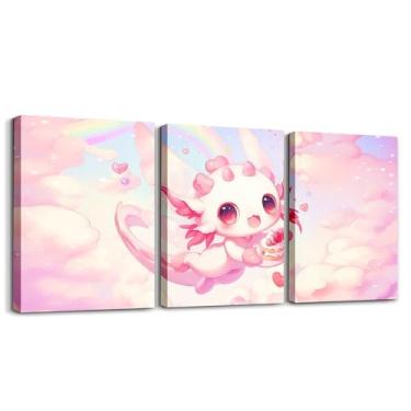 Imagem de Feelyou Pintura de parede de axolote fofo para crianças, pôsteres e impressões galáxia nuvem decoração de parede meninos meninas para desenho animado animal tela arte de parede sala de estar quarto