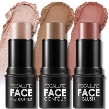 Imagem de FOCALLURE 3 palitos de contorno de creme, tons com iluminador, bronzeador e blush, caneta de contorno facial de longa duração não oleosa, fácil de esculpir o rosto e criar uma maquiagem de acabamento