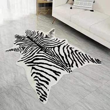 Imagem de Tapete grande com estampa de zebra, couro de vaca sintético, tapete de pelúcia fofo macio para decoração de casa, preto e branco, 12 cm x 17 cm