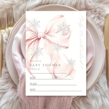 Imagem de Whaline Convites de chá de bebê de inverno 20 conjuntos de cartões de convite de floco de neve de Natal rosa com adesivos de envelopes convites em branco para aniversário, 12 x 18 cm