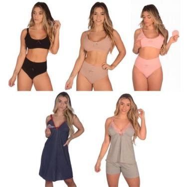 Imagem de Kit 3 Sutiã de Amamentação +3 Calcinha Cós Alto Pós Parto +1 Camisola 