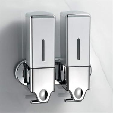 Imagem de Dispensador De Sabonete Para As Mãos Bomba Adesivo Para Garrafas, 500ml Abs Sala T-bar Metal Montagem Em Parede Dispensadores De Chuveiro Manual Para Xampu Sabonete Líquido, Silver, 2 Chamber