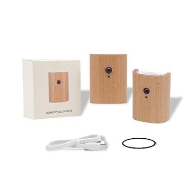 Imagem de HBGFHG Lâmpada de parede LED de madeira, luzes noturnas com sensor de movimento, arandelas recarregáveis, luzes para quarto (madeira cinza branca, 2 peças)