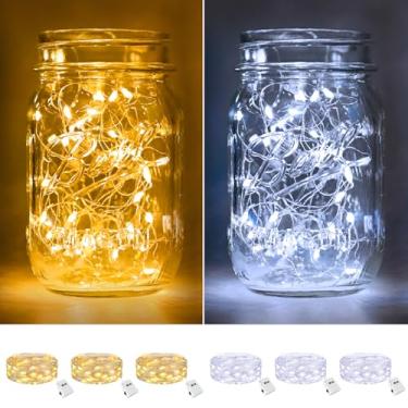 Imagem de btfarm Pacote com 6 luzes de fada operadas por bateria [3 modos], 2,1 m, 20 luzes de LED cintilantes, cordão de luzes à prova d'água, pequeno fio prateado para potes de pedreiro de Natal, mesa de