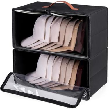 Imagem de Pacote com 2 organizadores empilháveis de chapéus para bonés de beisebol, caixas de armazenamento de chapéus com janela transparente – organizadores de chapéus rígidos com abertura frontal para até 30