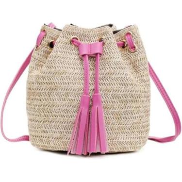 Imagem de Bolsas Crossbody Para Mulheres Borlas De Verão Balde Crossbody Bolsa De Ombro Praia Palha Tecida Tote Bag, Red, A