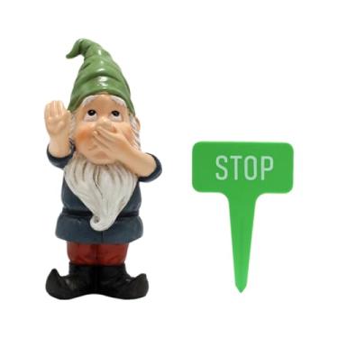 Imagem de GJFASGF Funny Stop Garden Gnomo - Estátua de resina de 15 cm com placa de parada, decoração humorística ao ar livre para quintal, jardim, pátio, área de cocô de cachorro e guardião de lata de lixo