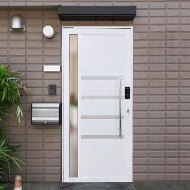 Imagem de Porta Pivotante De Alumínio 210 X 120cm Com Friso, Visor E Fechadura Digital Esquerda Branco