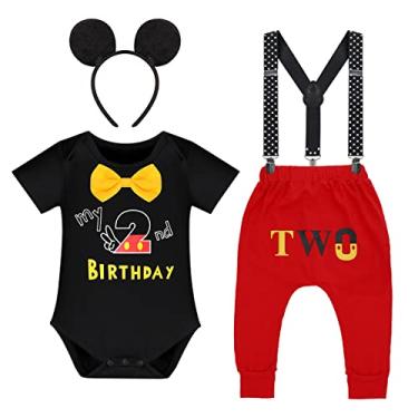 Imagem de Mouse 2nd Birthday Outfit Boys: Toddler Cake Smash Photoshoot Bowtie Romper Suspenders Legging Pants Ears Headband Halloween Mouse Themed Birthday Party Supplies Fall Winter Clothes Black 18-24 Months