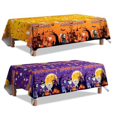 Imagem de Toalhas de mesa para festa de Halloween, 137 cm x 272 cm, kit de capa de mesa para decoração de mesa de festa de Halloween com 2 peças roxas e laranjas