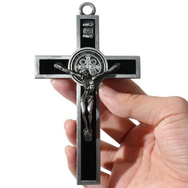 Imagem de XIPENGKEJI Crucifixo esmaltado de metal preto, cruz cristã para parede, decoração de casa inspiradora de Cristo, cruz de Jesus para parede, decoração de arte de Jesus, presentes cristãos - 12 cm x 7