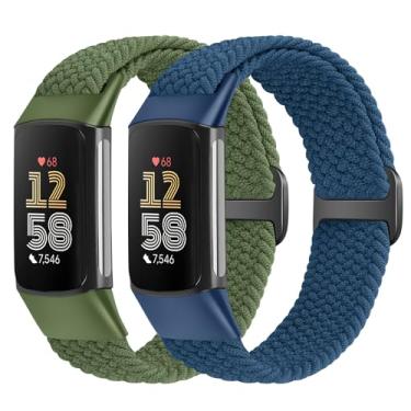 Imagem de VNDAPT Pulseiras elásticas trançadas compatíveis com Fitbit Charge 5/Fitbit Charge 6 para mulheres e homens, pulseira esportiva de nylon elástico respirável ajustável para Fitbit Charge 6 Charge 5