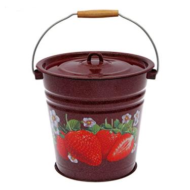 Imagem de Balde esmaltado em aço inoxidável com tampa "Morango" 12,7 Qt/12 L, balde de água de gelo grande esmaltado vintage vermelho com tampa, balde de gelo externo esmaltado antigo com alça