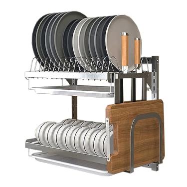 Imagem de AKALNNB Escorredor de pratos de cozinha para balcão de cozinha, escorredor de pratos grande de aço inoxidável de 2 camadas à prova de ferrugem com drenagem, inclui suporte removível para utensílios