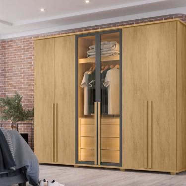 Imagem de Guarda-roupa Casal 6 Portas 5 Gavetas com Corrediças Telescópicas Nichos e Iluminação Led Bélgica Cinamomo