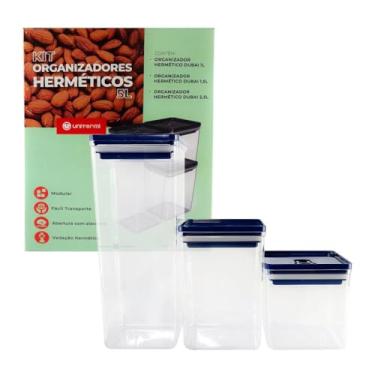 Imagem de Kit Organizadores Herméticos Dubai, 3 Peças, 5L Total, Transparente, para Cozinha, Armazenamento Seguro e Elegante Cozinha Casa Alimentos Grãos Macarrão Pote (Azul)