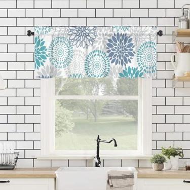 Imagem de WTQPLNMCB Saias florais azuis e brancas 137 cm L x 45,7 cm C - Cortinas de cozinha com flores azuis e brancas para janelas, bolso de varão, decoração de cozinha