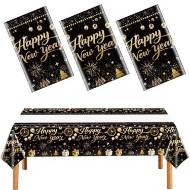 Imagem de FUULOXE 3 toalhas de mesa descartáveis de plástico feliz ano novo para decoração temática de festa de feliz ano novo suprimentos 137 x 272 cm