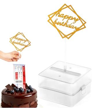 Imagem de The Money Cake, Kit de Bolo para Dinheiro e Bolo, Inclui 1 Cofre Transparente com Contato de Comida, 1 Topo de Bolo Dourado, 20 Bolsos para Decorações de Bolos de Festa de Aniversário