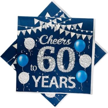 Imagem de Guardanapos de aniversário de 60 anos, 40 peças, azul e prata, celebração de 60 anos, decoração de festa, guardanapos, decoração de mesa de aniversário, suprimentos de festa