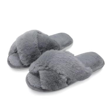 Imagem de Pantufas femininas fofas com faixa cruzada para quarto com espuma viscoelástica, bico aberto, confortável, uso interno e externo, sola antiderrapante, Cinza, 7-8