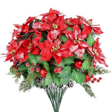 Imagem de 12 pacotes de buquê de poinsétia artificial de Natal, buquê de flores vermelhas, palitos florais com agulhas de pinheiro norfolk, hastes de frutas vermelhas e bola de Natal para decoração de cemitério