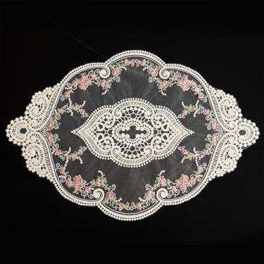 Imagem de Pacote com 2 jogos americanos retrô de renda bege bordados, florais, tapetes de mesa estilo francês, toalhas de renda para mesas, decoração de cômoda, vaso de casamento, tapete de copo 30,5 x 42 cm