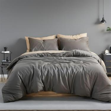 Imagem de Cozaline Conjunto de edredom queen 100% algodão – cinza escuro, textura semelhante a linho, super macio e respirável, conjunto de cama leve, 3 peças de percal durável para todas as estações