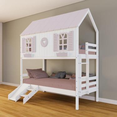 Imagem de Beliche Casinha Bela Com Coração Kit Escada/escorregador - Madeira Maciça Branco/rosa Housin