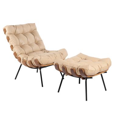 Imagem de Kit 01 Poltrona e 01 Puff Costela Couro Legítimo Base de Metal Preto - D'Rossi