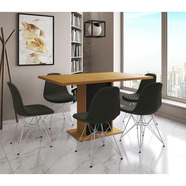 Imagem de Mesa Jantar Londres Retangular Canela 137X90 Base Preta 6 Cadeiras Estofadas Verde Ferro Branco