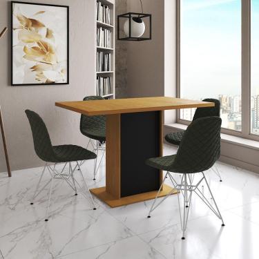Imagem de Mesa Jantar Londres Tampo Canela 120Cm Base Preta 4 Cadeiras Ferro Branco Estofado Verde
