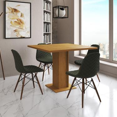 Imagem de Mesa Jantar Londres Quadrada Canela 90Cm 4 Cadeiras Eames Estofadas Verde Madeira