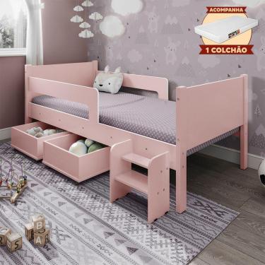 Imagem de Cama Solteiro Com 2 Baus Organizador E Escada Luna Plus Rosa Com Colchão