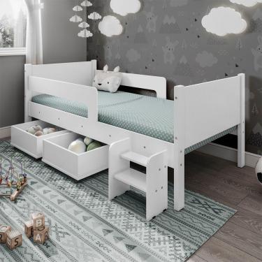 Imagem de Cama Infantil Com 2 Baus Organizador E Escada Luna Plus Branco Com Colchão