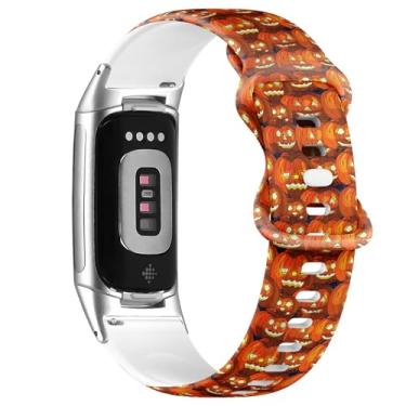 Imagem de Pulseira de silicone macio compatível com Fitbit Charge 5/Fitbit Charge 6 (Bright Pumpkins Fall) pulseira esportiva macia para mulheres e homens