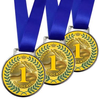 Imagem de Kit 15 Medalhas Para Premiação De Campeão Competição de Esportes Honra ao Mérito 50mm Com Fita Azul (1º lugar dourado)