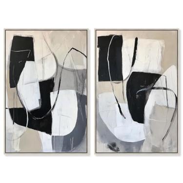 Imagem de Serenidade neutra: conjunto minimalista abstrato par 2 painéis impressão em tela boho arte por Art Remedy, moldura prata, 50 x 76