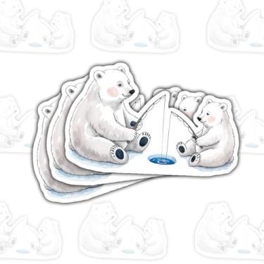 Imagem de 3 adesivos de urso polar de pesca, adesivos de vinil fofos da família de animais árticos para laptop, caderno, diário, garrafa hidráulica, tablet, carro, presente para crianças, adolescentes
