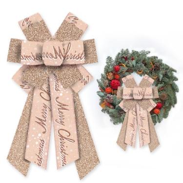 Imagem de Glodecart Grande Arco de Feliz Natal para guirlanda, laço de guirlanda de ouro rosa com glitter para decoração de Natal, laço de inverno para porta da frente, interior e exterior, enfeite de árvore de