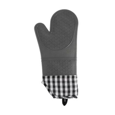 Imagem de Luva de Silicone Térmica Resistente ao Calor Forro Acolchoado Padrão Xadrez Cinza Antiderrapante para Forno, Churrasco e Assadeiras Quentes Proteção Profissional para Cozinha