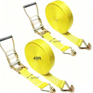 Imagem de Pacote com 2 correias de catraca resistentes, 3,628 kg de resistência à ruptura com alça de catraca amarrada, 5 cm x 14,9 m, tiras pretas para caminhão de carga com gancho duplo J durável para