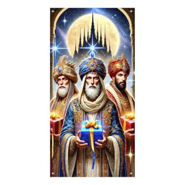 Imagem de BlissYard Capa de porta de Natal Presentes para homens sábios 71 x 35 polegadas Merry Three Kings Day Varanda Banner Holiday Seasonal Entryway Decoration Patio Door Decoration Welcome Sign Indoor