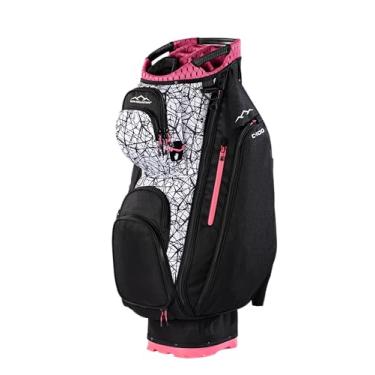 Imagem de Sun Mountain Bolsa de golfe feminina leve C100 14 vias - 13 bolsos, sistema de alça única, base de compressão compatível com carrinho elétrico push-elétrico, modelo 2026 - preto-abstrato-rosa